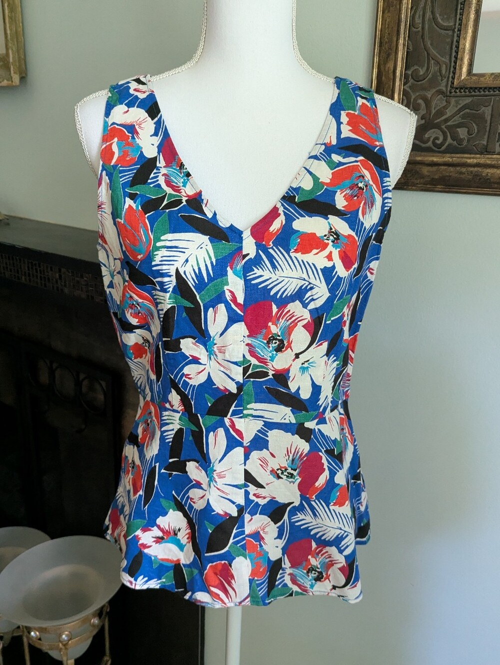 NEW J.Crew Factory Women's 6 Tropical Floral Linen Blend Peplum Blouse VNeck